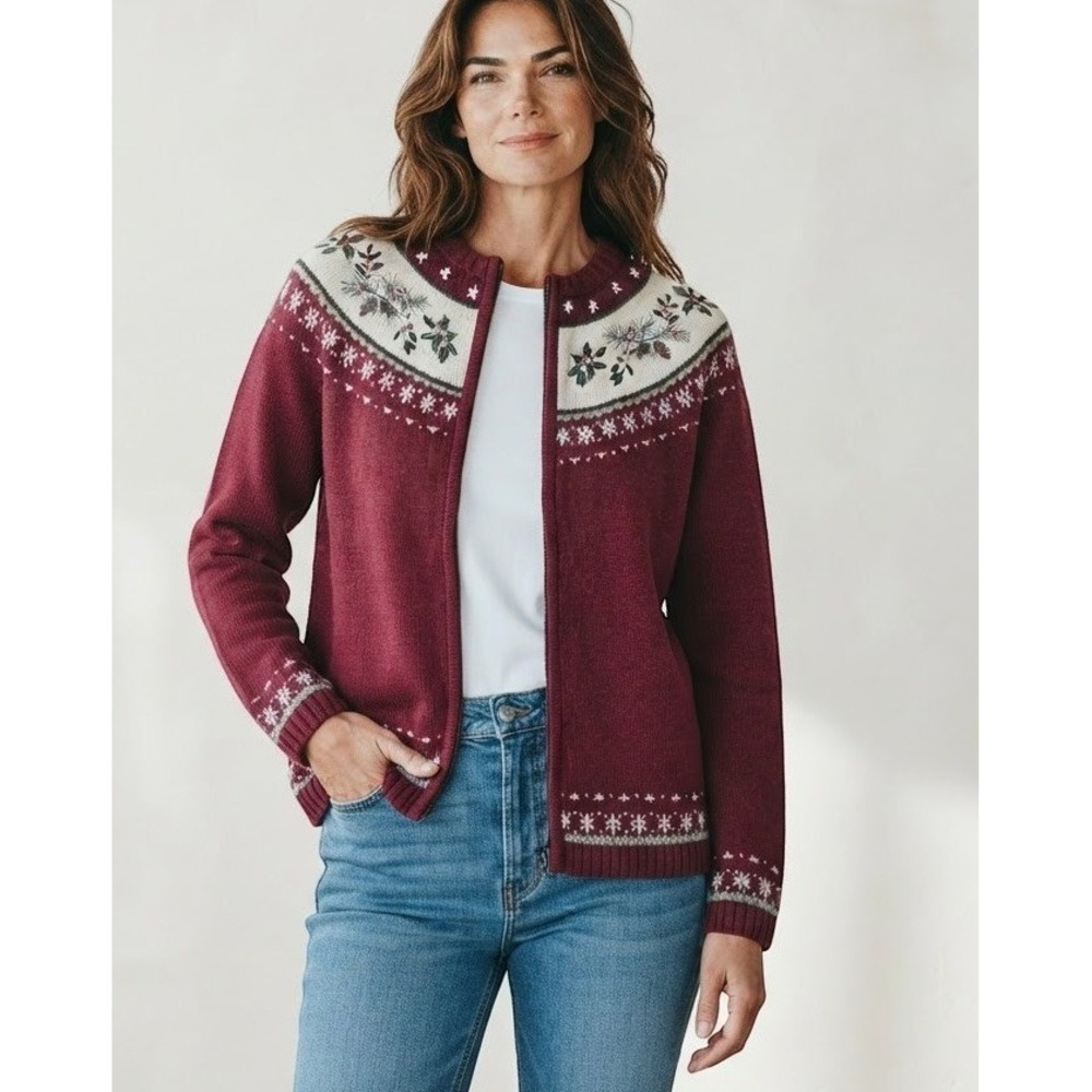 Women's Burgundy Fair Isle Pinecone Holiday Full Zip Sweater M